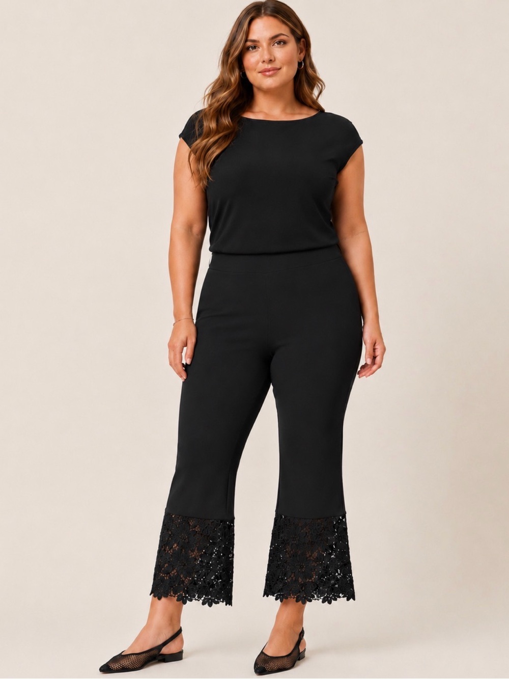 Joseph Ribkoff Black Lace Hem Cropped Flare Pants Size 14 Stretch Made in Canada